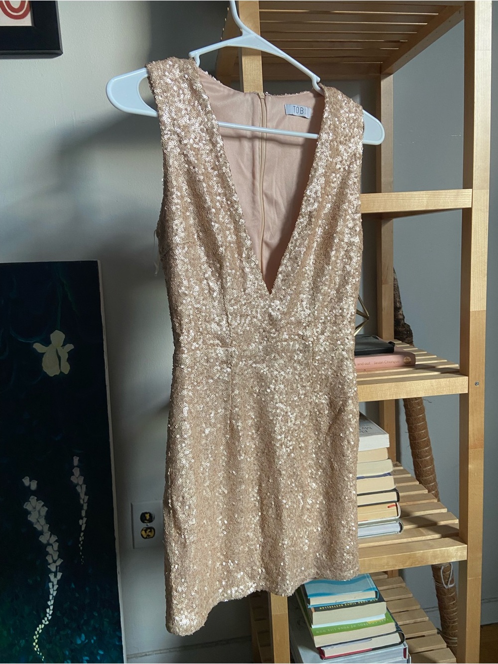 TOBI Sequin Deep V Mini Dress in Rose Gold